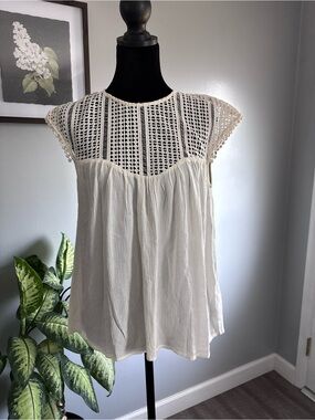 H&M Cream Crochet Yoke Cap-Sleeve Blouse